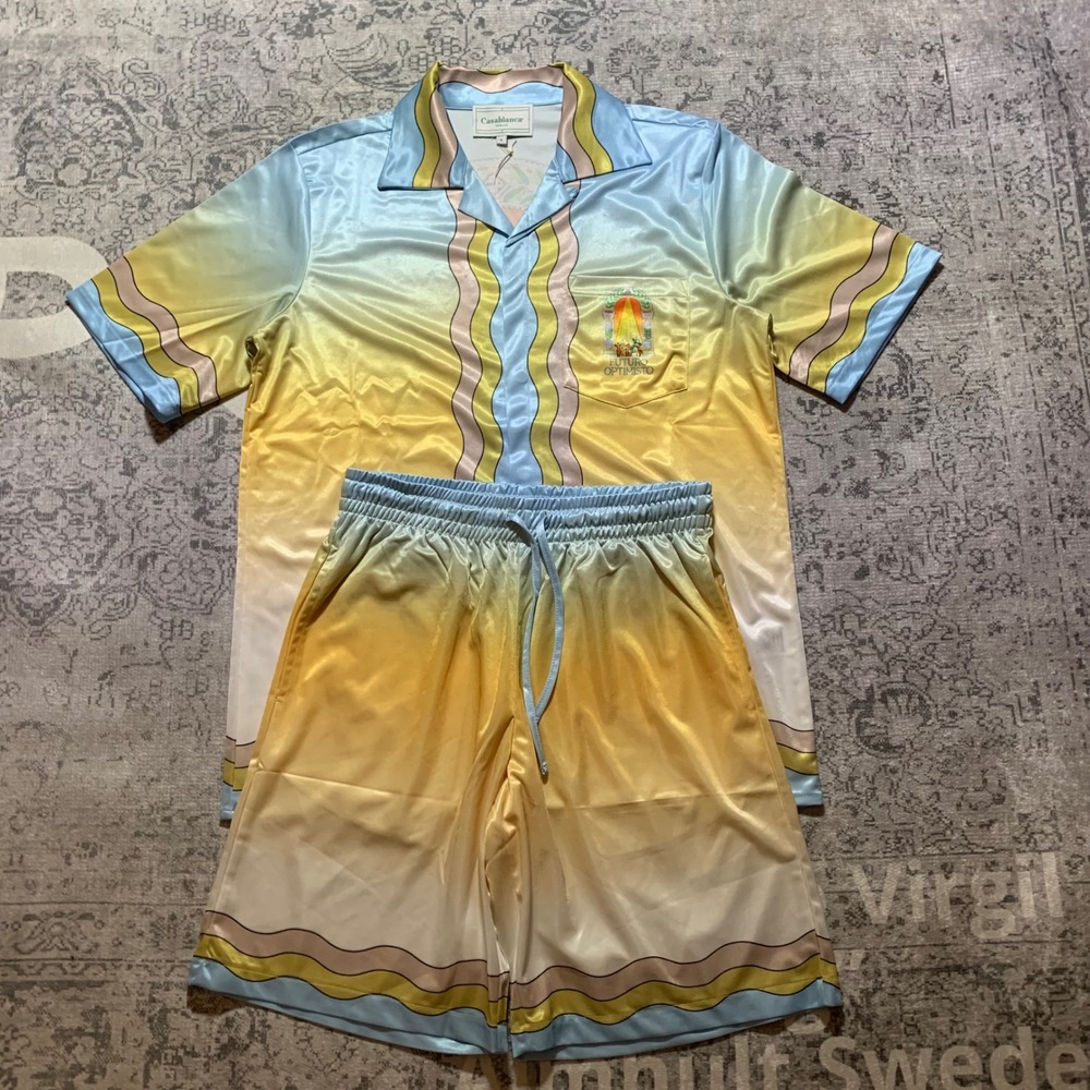Casablanca Futuro Optimisto Shirt Shorts Set Mens Size M Blue Yellow Excellent